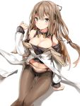  1girl :&lt; arm_support arm_up bangs black_legwear blush breasts brown_eyes brown_hair collarbone detached_collar girls_frontline hair_between_eyes hair_ornament hairclip highres k-2_(girls_frontline) large_breasts long_hair long_sleeves looking_at_viewer navel pantyhose shiny shiny_clothes sidelocks silver_(chenwen) simple_background solo white_background 
