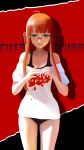  1girl :&gt; black_panties character_name fou_zi glasses headphones highres looking_at_viewer no_pants panties persona persona_5 red_background sakura_futaba solo undershirt underwear 