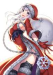  1girl :d alternate_costume blue_eyes breasts chains commentary_request gloves hat kamoi_(kantai_collection) kantai_collection kyon_(fuuran) long_hair long_sleeves medium_breasts open_mouth pom_pom_(clothes) red_gloves santa_costume santa_hat simple_background smile solo white_background white_hair 
