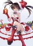  1girl adapted_costume asle asymmetrical_hair bare_shoulders black_hair boots breasts candy candy_cane christmas cleavage clock_eyes date_a_live dress elbow_gloves food fur_trim gift gloves hand_up hat heterochromia holding holding_gift knee_boots legs_crossed looking_at_viewer medium_breasts red_dress red_eyes red_footwear red_gloves santa_costume santa_hat sitting solo strapless symbol-shaped_pupils tokisaki_kurumi translation_request twintails yellow_eyes 