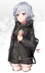  1girl absurdres arm_at_side asymmetrical_legwear backpack bag bangs bell belt black_cola black_jacket black_shorts blush boots buttons cardigan character_name closed_mouth cropped_legs cz-75_(girls_frontline) eyebrows_visible_through_hair food food_on_face fruit fur-trimmed_shorts girls_frontline gloves grey_hair heart heart-shaped_pupils highres holding holding_food hood hoodie ice_cream ice_cream_cone ice_cream_on_face jacket long_sleeves multicolored_hair parka purple_hair red_tank_top redhead short_hair short_shorts shorts sidelocks simple_background smile solo strap strawberry streaked_hair stuffed_toy symbol-shaped_pupils tank_top thigh-highs thigh_boots thompson/center_contender_(girls_frontline) twintails violet_eyes waffle white_footwear zettai_ryouiki 
