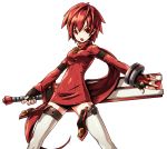  1girl :o april_fools artist_request breasts cowboy_shot elsword elsword_(character) fingerless_gloves genderswap genderswap_(mtf) gloves highres holding holding_sword holding_weapon knight_(elsword) long_hair looking_at_viewer medium_breasts official_art open_mouth ponytail red_eyes red_shirt redhead reverse_grip shirt solo sword thigh-highs weapon white_legwear zettai_ryouiki 