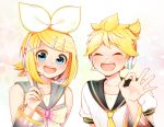  1boy 1girl :d absurdres bare_shoulders blonde_hair blue_eyes blush bow brother_and_sister closed_eyes detached_sleeves hair_ornament hairclip headset highres kagamine_len kagamine_rin looking_at_viewer masumofu nail_polish open_mouth puffy_short_sleeves puffy_sleeves sailor_collar see-through short_hair short_sleeves siblings smile twins upper_body vocaloid yellow_nails 