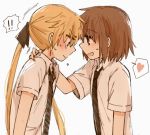  2girls blonde_hair blush brown_hair hair_ribbon kill_me_baby long_hair multiple_girls necktie oribe_yasuna ribbon school_uniform short_hair sonya_(kill_me_baby) sonya_jonah twintails yuri 