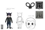 1boy blush_stickers brown_hair chains character_sheet cigarette concept_art dangan_ronpa full_body hat highres horned_headwear hoshi_ryouma jacket komatsuzaki_rui leather leather_jacket looking_at_viewer male_focus multiple_views new_dangan_ronpa_v3 official_art pants reference_sheet simple_background smile striped striped_pants translation_request white_background 