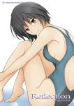  1girl 2017 amagami bangs bare_arms bare_legs bare_shoulders barefoot black_hair blue_swimsuit blush breasts closed_mouth competition_swimsuit copyright_name eyebrows_visible_through_hair from_side kishida-shiki knees_up lips looking_at_viewer looking_to_the_side nanasaki_ai one-piece_swimsuit red_eyes short_hair sideboob simple_background sitting small_breasts solo swimsuit thighs tsurime white_background 