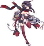  1girl :| aixioo anchor anklet azur_lane bangs bare_shoulders black_hair black_scarf black_skirt braid breasts bridal_gauntlets chains cherry_blossoms closed_mouth eyebrows facing_away flower full_body garter_straps hair_flower hair_ornament hair_ribbon hip_vent holding holding_weapon horns japanese_clothes jewelry kunai kuroshio_(azur_lane) leaf leg_up long_hair machinery miniskirt obi official_art oni_horns panties pleated_skirt pointy_ears red_eyes red_legwear red_ribbon ribbon rudder_shoes sash scarf shoes side-tie_panties simple_background skirt small_breasts solo standing standing_on_one_leg tachi-e thigh-highs thigh_strap torpedo torpedo_tubes transparent_background tsurime turret twin_braids underwear weapon white_footwear white_panties white_ribbon zettai_ryouiki 