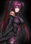  1girl absurdres arm_up bangs bodysuit breasts closed_mouth fate/grand_order fate_(series) gae_bolg highres large_breasts light_smile lips long_hair looking_at_viewer polearm purple_bodysuit purple_hair red_eyes scathach_(fate/grand_order) solo spaulders spear very_long_hair weapon yagitome87 