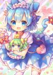  1girl :3 animal_ears bag bell bell_collar blue_bow blue_eyes blue_hair bow cat_ears cat_tail cirno collar daiyousei green_hair hair_bow hair_ribbon hairband heart heart-shaped_pupils ice ice_wings jingle_bell kemonomimi_mode lolita_hairband open_mouth paws pjrmhm_coa red_bow red_ribbon ribbon short_hair smile solo symbol-shaped_pupils tail tail_bow thigh-highs touhou white_legwear wings yellow_bow 