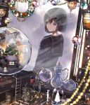  1girl bangs bauble black_hair black_serafuku black_shirt blurry bottle bow brick_wall christmas christmas_tree clock depth_of_field dutch_angle edelweiss_(flower) figure gem globe hair_between_eyes hisao_0111 house jar ladder lantern long_sleeves looking_at_viewer miniature original parted_lips pearl perfume_bottle rain red_bow school_uniform serafuku shirt short_hair snow_globe snowman solo tareme teapot telephone_pole through_window upper_body watch watch water water_drop white_flower wreath 