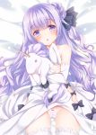  1girl :o azur_lane bangs bare_shoulders bed_sheet black_bow black_ribbon blush bow bow_panties commentary_request detached_sleeves dress dress_lift eyebrows_visible_through_hair hair_between_eyes hair_bun hair_ribbon head_tilt long_hair long_sleeves looking_at_viewer lying minakami_rinka object_hug on_back one_side_up panties parted_lips purple_hair ribbon side_bun sleeves_past_wrists solo stuffed_animal stuffed_pegasus stuffed_toy stuffed_unicorn thigh-highs underwear unicorn_(azur_lane) very_long_hair violet_eyes white_dress white_legwear white_panties 