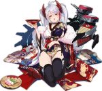  1girl :o antenna_hair azur_lane black_legwear breasts choker cup floral_print full_body iron_cross japanese_clothes kimono large_breasts long_hair machinery mole mole_on_breast nail_polish official_art open_mouth orange_eyes prinz_eugen_(azur_lane) realmbw red_nails sakazuki sideboob silver_hair simple_background solo tabi tachi-e thigh-highs tongue transparent_background turret twintails 