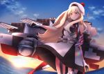  1girl belt beret blonde_hair blue_eyes breasts cannon dress gloves hair_between_eyes hat itsuwa_(continue) kantai_collection long_hair machinery mole mole_under_eye mole_under_mouth multicolored multicolored_clothes multicolored_scarf open_mouth richelieu_(kantai_collection) rigging scarf smile solo strapless strapless_dress turret 