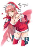  1girl alternate_costume blown_kiss breasts dress elbow_gloves fate/grand_order fate_(series) gloves hat highres leaning_forward long_hair looking_at_viewer medb_(fate/grand_order) medium_breasts merry_christmas one_eye_closed pink_hair red_dress red_gloves sack santa_costume santa_hat shimo_(s_kaminaka) sketch smile solo thigh-highs yellow_eyes 