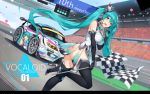  1girl absurdres anniversary aqua_eyes aqua_hair black_footwear black_gloves bmw boots checkered checkered_flag dutch_angle elbow_gloves gloves hatsune_miku headset high_heels highres long_hair open_mouth racecar racequeen racetrack solo thigh-highs thigh_boots twintails very_long_hair vocaloid yykuaixian 