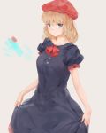  1girl black_dress blonde_hair blue_eyes closed_mouth color_guide commentary_request curtsey dress hat kisei2 light_brown_background looking_at_viewer original puffy_short_sleeves puffy_sleeves red_hat short_hair short_sleeves simple_background solo standing 