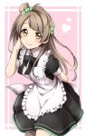 1girl apron bangs black_dress blush braid brown_eyes brown_hair closed_mouth cowboy_shot dress eyebrows_visible_through_hair hair_ornament hand_up heart long_hair looking_at_viewer love_live! maid maid_apron minami_kotori pink_background puffy_short_sleeves puffy_sleeves sekina short_sleeves smile solo standing