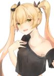  1girl :d absurdres arm_up armpit_peek armpits bare_shoulders black_shirt blonde_hair blush breasts commentary english_commentary eyebrows_visible_through_hair green_eyes hair_ribbon hand_on_own_chest highres looking_at_viewer medium_breasts off_shoulder open_mouth original ribbon shirt simple_background smile solo tareme teeth twintails upper_body upper_teeth white_background xhunzei 