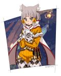  1girl animal_ears artist_request bangs blunt_bangs bodysuit cat_ears eyebrows gloves highres hood long_sleeves looking_at_viewer niyah ribbon short_hair silver_hair simple_background solo white_gloves xenoblade xenoblade_2 yellow_bodysuit yellow_eyes 