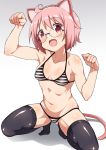  1girl animal_ears arm_up bangs bikini black_legwear blush breasts cat_ears cat_tail collarbone eyebrows_visible_through_hair fake_animal_ears glasses gradient gradient_background hand_up looking_at_viewer no_shoes nonohara_yuzuko open_mouth paw_pose pink_eyes pink_hair rimless_eyewear shadow short_hair simple_background small_breasts solo squatting striped striped_bikini swimsuit tail thigh-highs yuyushiki 