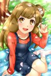  1girl :d bangs brown_eyes brown_hair cherry_blossoms commentary_request copyright_request flower hair_bun hair_flower hair_ornament highres long_hair long_sleeves looking_at_viewer open_mouth outdoors overalls petals sekina sitting smile socks solo white_legwear yokozuwari 