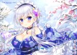  1girl ameto_yuki azur_lane bag belfast_(azur_lane) blue_eyes blush breasts cherry_blossoms cleavage closed_mouth commentary_request eyebrows_visible_through_hair floral_print gloves hair_between_eyes hair_ornament handbag hands_up holding japanese_clothes kimono long_hair long_sleeves looking_at_viewer maid_headdress obi purple_hair sash snow snowflakes solo upper_body wa_maid white_gloves wide_sleeves 