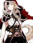  1girl animal_ears artist_name belt black_hair fang fire_emblem fire_emblem_if grey_hair highres hood long_hair multicolored_hair red_eyes simple_background solo tail torisudesu two-tone_hair upper_body velour_(fire_emblem_if) white_background wolf_ears wolf_tail 