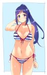  1girl bikini breasts cleavage commentary kurokawa_makoto large_breasts long_hair love_live! love_live!_sunshine!! matsuura_kanan navel ponytail purple_hair side-tie_bikini solo striped striped_bikini swimsuit violet_eyes 