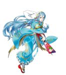  1girl aqua_(fire_emblem_if) bangs blue_hair fire_emblem fire_emblem_heroes fire_emblem_if floral_print full_body hanetsuki highres holding japanese_clothes kaya8 kimono long_hair long_sleeves obi official_art open_mouth sandals sash solo tabi transparent_background veil very_long_hair 