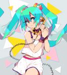  1girl aqua_eyes aqua_hair breasts cable camisole cleavage commentary detached_collar hatsune_miku highres long_hair navel phone sami_briggs scrunchie shorts small_breasts solo very_long_hair vocaloid wrist_cuffs 