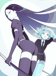  androgynous black_eyes black_gloves black_hair black_legwear black_neckwear black_shorts bort diamond_(houseki_no_kuni) elbow_gloves gem_uniform_(houseki_no_kuni) gloves houseki_no_kuni long_hair multicolored_hair necktie shirt short_hair short_sleeves shorts sparkle sword thigh-highs weapon white_gloves white_legwear white_shirt yokoshima_mingu 