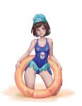  1girl absurdres blue_hat blue_swimsuit blush brown_hair erect_nipples fingernails grin groin hat highres innertube kneeling looking_at_viewer nose one-piece_swimsuit original red_lips sarong short_hair simple_background smile solo swimsuit teeth violet_eyes white_background y_xun 