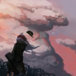  1girl black_shorts blurry clouds cloudy_sky collared_jacket depth_of_field dusk floating_hair from_behind g11_(girls_frontline) girls_frontline grass green_jacket hat hat_removed headwear_removed highres jacket long_hair mush outdoors over_shoulder red_scarf scarf scenery shorts silver_hair sky solo strap very_long_hair weapon_bag wind wind_lift 