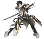  1boy black_hair black_pants black_shirt blade_master_(elsword) claws closed_mouth elsword expressionless fighting_stance full_body fur_trim highres holding holding_sword holding_weapon looking_to_the_side male_focus official_art orange_eyes pants raven_(elsword) ress shirt shoes solo sword weapon white_coat 