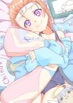  &gt;:) 1girl angel_wings blush button_eyes character_doll character_name closed_mouth cowboy_shot dakimakura_(object) fan gluteal_fold gochuumon_wa_usagi_desu_ka? groin hairband halo hetareeji highres hoto_cocoa kafuu_chino looking_at_viewer lying object_hug on_back one-piece_swimsuit orange_hair pillow school_swimsuit short_hair smile solo swimsuit v-shaped_eyebrows violet_eyes white_wings wings 