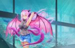  1girl aquarium arm_up armpits breasts claws commentary commission daikazoku63 denim denim_shorts dragon_girl dragon_wings fish highres horns jabberwock_(monster_girl_encyclopedia) large_breasts long_hair looking_at_viewer monster_girl monster_girl_encyclopedia parted_lips paws pink_eyes pink_hair shorts sleeveless sleeveless_turtleneck smile solo tail tentacle turtleneck wings 