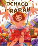  1girl 2017 ^_^ ^o^ anezu arm_warmers birthday boku_no_hero_academia breasts brown_hair character_name cleavage closed_eyes dated dress gift hands happy happy_birthday medium_breasts open_mouth outstretched_arms short_hair sleeveless sleeveless_dress smile solo strapless strapless_dress text uraraka_ochako 