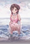  1girl anmi bangs bare_shoulders beach bikini blush breasts brown_hair closed_mouth commentary day frilled_bikini frills hair_between_eyes highres horizon light_smile looking_at_viewer medium_breasts one_side_up open_clothes open_shirt original outdoors purple_bikini shirt smile solo squatting swimsuit tsurime violet_eyes wading white_shirt 