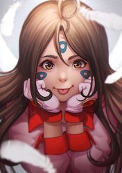  1girl :p aa_megami-sama ahoge blurry brown_eyes brown_hair close-up depth_of_field face facial_mark feathers gloves long_hair looking_at_viewer magion02 nose portrait signature skuld solo tongue tongue_out white_gloves 