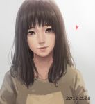  1girl asian black_hair blush brown_eyes closed_mouth dated eyebrows heart highres looking_at_viewer luode_huayuan medium_hair nose original realistic smile solo traditional_media upper_body 
