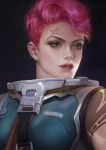  1girl breasts eyelashes green_eyes highres lips looking_past_viewer medium_breasts nose open_mouth overwatch parted_lips pink_hair red_lips scar short_hair solo y_xun zarya_(overwatch) 