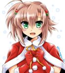  1girl ahoge brown_hair cape dasuto dated dress eyebrows_visible_through_hair gloves green_eyes hair_tubes highres looking_at_viewer lyrical_nanoha miura_rinaldi open_mouth portrait red_cape red_dress red_gloves santa_costume short_hair smile solo twitter_username vivid_strike! 