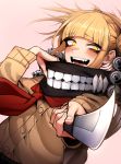  1girl :d bags_under_eyes bangs blonde_hair blunt_bangs blush boku_no_hero_academia double_bun dutch_angle eyebrows_visible_through_hair fangs fingernails foreshortening holding holding_knife holding_weapon j.k. jacket knife long_sleeves looking_at_viewer open_mouth pink_background red_scarf revision scarf short_hair simple_background smile solo toga_himiko upper_body weapon yellow_eyes 