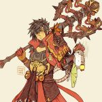  1boy armor axe commission cowboy_shot final_fantasy final_fantasy_xiv holding hyur otter reema_and scar signature simple_background solo standing warrior_(final_fantasy) 