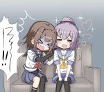  &gt;_&lt; /\/\/\ 2girls :d =_= aoba_(kantai_collection) bangs black_bodysuit black_gloves black_legwear blue_shorts blue_skirt bodysuit brown_hair collarbone comic couch elbow_gloves eyebrows_visible_through_hair furutaka_(kantai_collection) gloves guriin hair_between_eyes hair_ornament hair_scrunchie hairclip hand_on_another&#039;s_shoulder heart high_ponytail kantai_collection multiple_girls neckerchief on_couch open_mouth pleated_skirt ponytail purple_hair purple_scrunchie red_neckwear scared school_uniform scrunchie serafuku shirt short_hair short_shorts short_sleeves shorts single_elbow_glove single_sock single_thighhigh sitting skirt smile socks sparkle tears thigh-highs translation_request turn_pale wavy_mouth white_shirt yellow_neckwear 