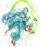  1girl aqua_(fire_emblem_if) bangs blue_hair confetti fire_emblem fire_emblem_heroes fire_emblem_if floral_print full_body hanetsuki highres holding japanese_clothes kaya8 kimono long_hair long_sleeves obi official_art open_mouth sandals sash smile solo tabi transparent_background veil very_long_hair wide_sleeves yellow_eyes 