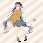  1girl alternate_costume bag beret black_hat blue_hair brown_shirt colis commentary_request full_body grey_eyes grey_hair grey_skirt hair_between_eyes handbag hat kantai_collection kiyoshimo_(kantai_collection) leaf long_hair long_sleeves low_twintails multicolored_hair shirt skirt smile solo striped striped_background twintails twitter_username very_long_hair yellow_shirt 