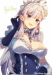  1girl adjusting_hair azur_lane bangs belfast_(azur_lane) black_gloves blush braid breasts buttons chains character_name cleavage collar commentary_request dress eyebrows_visible_through_hair french_braid frilled_dress frills from_below gloves large_breasts long_hair looking_at_viewer maid maid_headdress mishima_kurone silver_hair smile solo twitter_username upper_body violet_eyes 