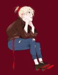  1boy ;p blonde_hair chin_rest con_potata denim green_eyes hair_ornament hair_scrunchie jacket jeans male_focus one_eye_closed pants ponytail red_background scrunchie sitting tongue tongue_out torn_clothes torn_jeans yuri!!!_on_ice yuri_plisetsky 