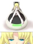  1girl arnval bangs blonde_hair blue_eyes busou_shinki closed_eyes commentary_request doll_joints eyebrows_visible_through_hair gomasamune highres long_hair opening_eyes parted_bangs shadow sitting solo 